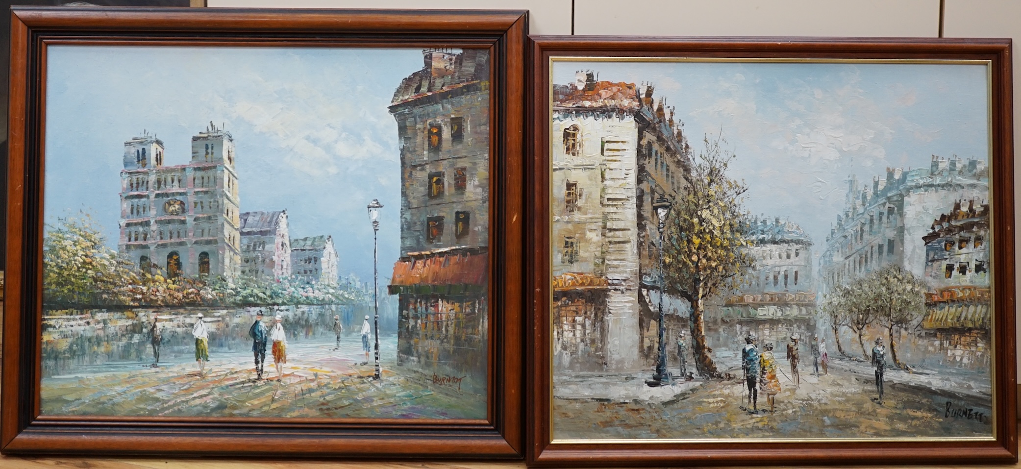 Caroline Burnett (1877-1950), two Impressionist oils, one on canvas, Parisian street scenes, largest 49 x 59cm. Condition - good, some surface dirt